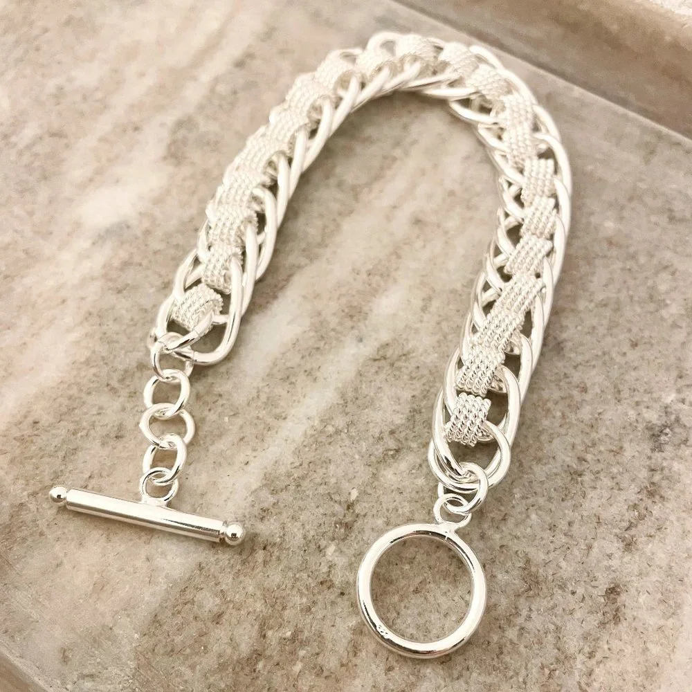 925 Sterling Silver Chunky Chain Link Bracelet Thick Bold Toggle Bracelet - Picture 4 of 5